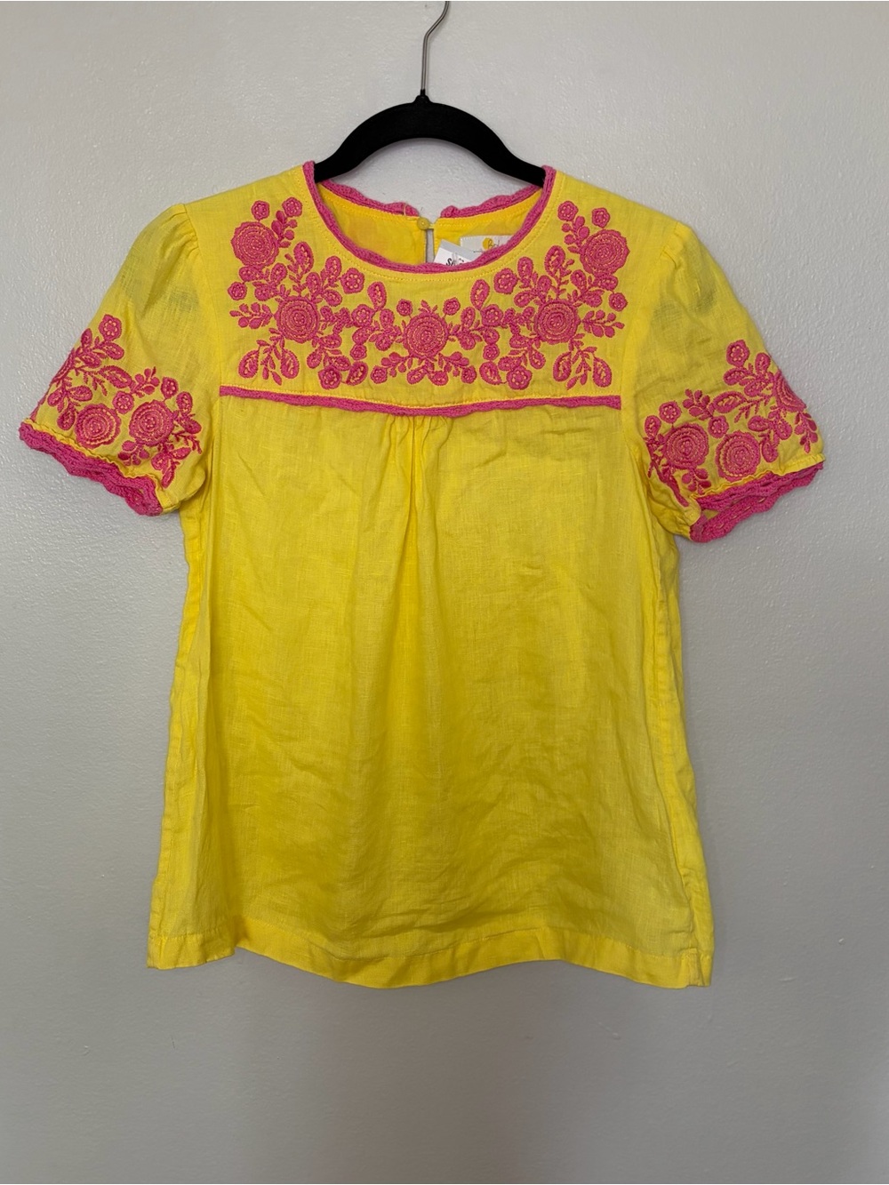 Boden 100% Linen Yellow Boho Peasant Top with Pink Floral Embroidery Size 2